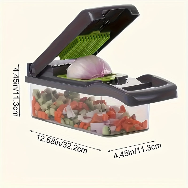 16 - in - 1 Manual Vegetable Chopper Set, with 8 Blades, Container, Grater and Strainer. It's Convenient for Cooking and Is a Professional Slicer for Onions, Carrots and Garlic.