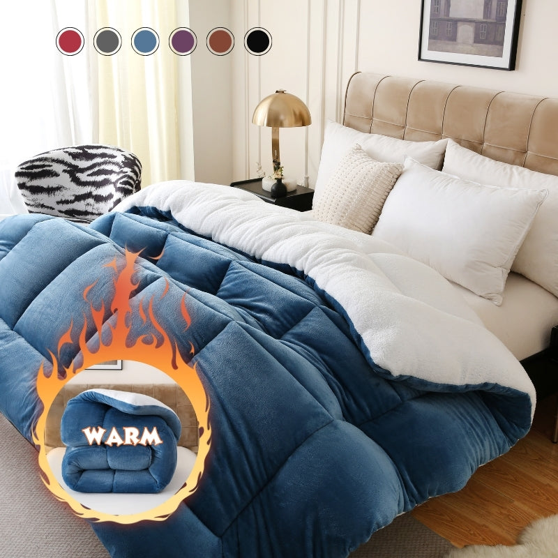 1pc Thick Soft Comforter Plush Flannel Sherpa Comforter, 500g Filling Ultra Breathable All Season Comforter Double-Sided, Box Stitch Solid Color Comforter For Bedroom, Warm For Autumn And Winter Comforter, Gift, Home Decor