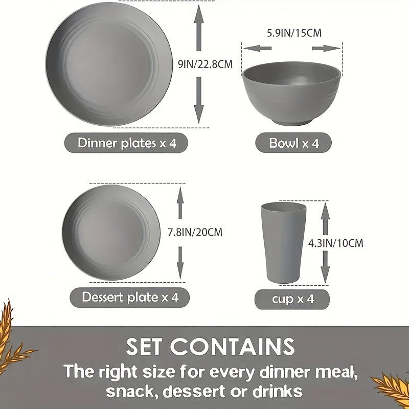 16pcs Dinnerware Set Made from Wheat Straw, Featuring Large Plates, Dessert Plates, Bowls, And Cups. This Modern, Unbreakable Dish Set Is Safe for Both Dishwashers And Microwaves, Lightweight for Easy Handling, Ideal for Camping And Daily Use