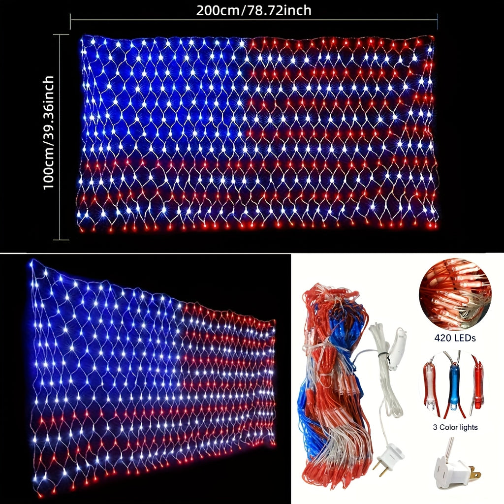 American Flag Net Light, 420 LED String Lights, Fourth of July Decorations, Memorial Day Decorations, for Independence Day, National Day, Christmas Day, New Year'S Party, Garden, Yard Decorations Outside, (Plug in Power) BZPCF