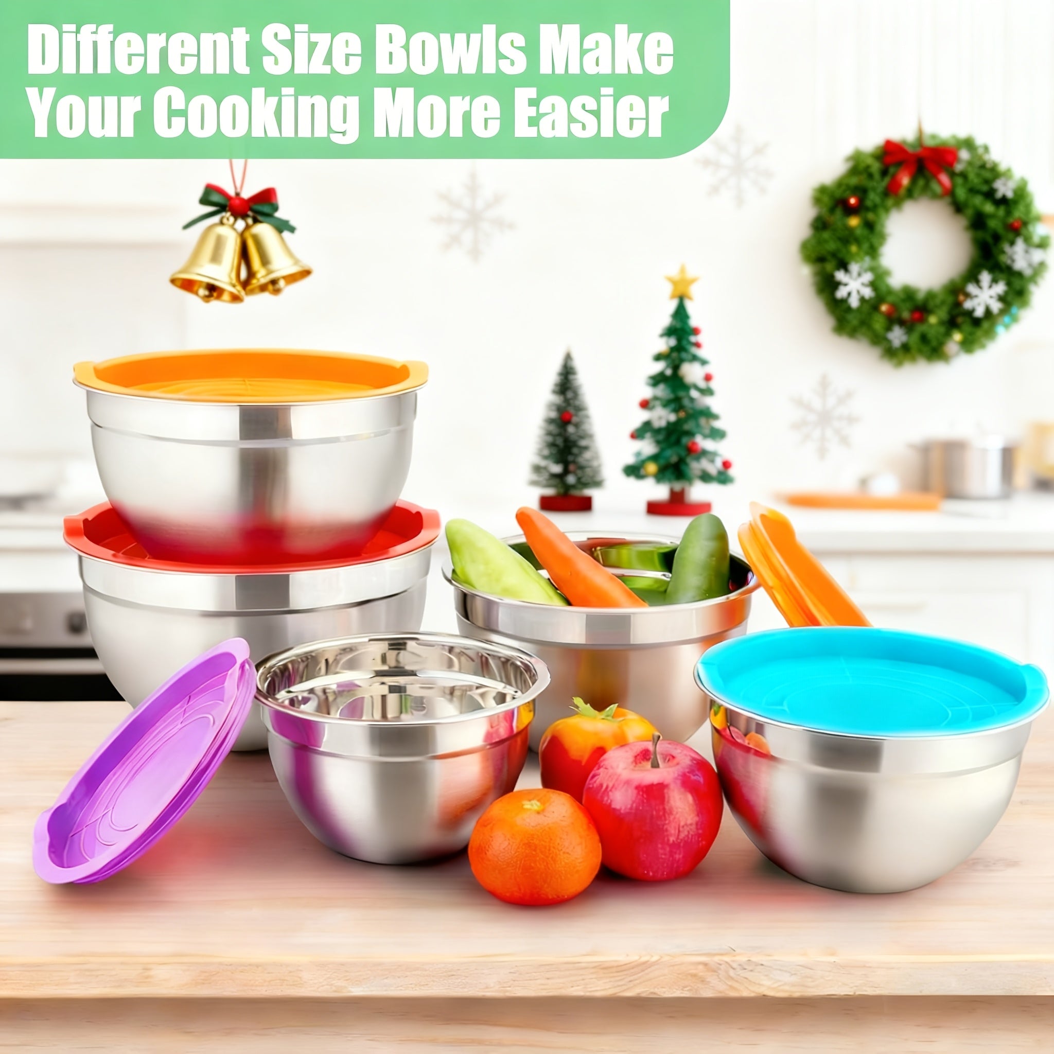 30pcs Stainless Steel Mixing Bowls with Airtight Lids - 7 Bowls & Lids + 23 Kitchen Tools, Grater Attachments, Size 4.5, 3.6, 2.7, 2.1, 1.7, 1.1, 0.7QT, Great for Mixing & Serving, Christmas, New Year, Mother Gift
