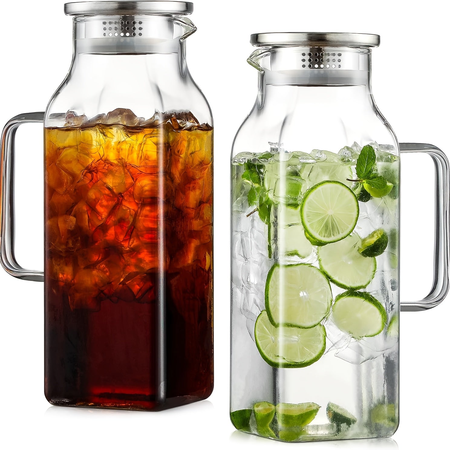 1/2 Pack 2 Liters/68 Oz Square Glass Pitcher With Lid And Handle For Fridge, Iced Tea And Coffee Carafe Beverage Serveware, Heat Resistant Borosilicate Water Jug For Hot/Cold Drinks And Milk
