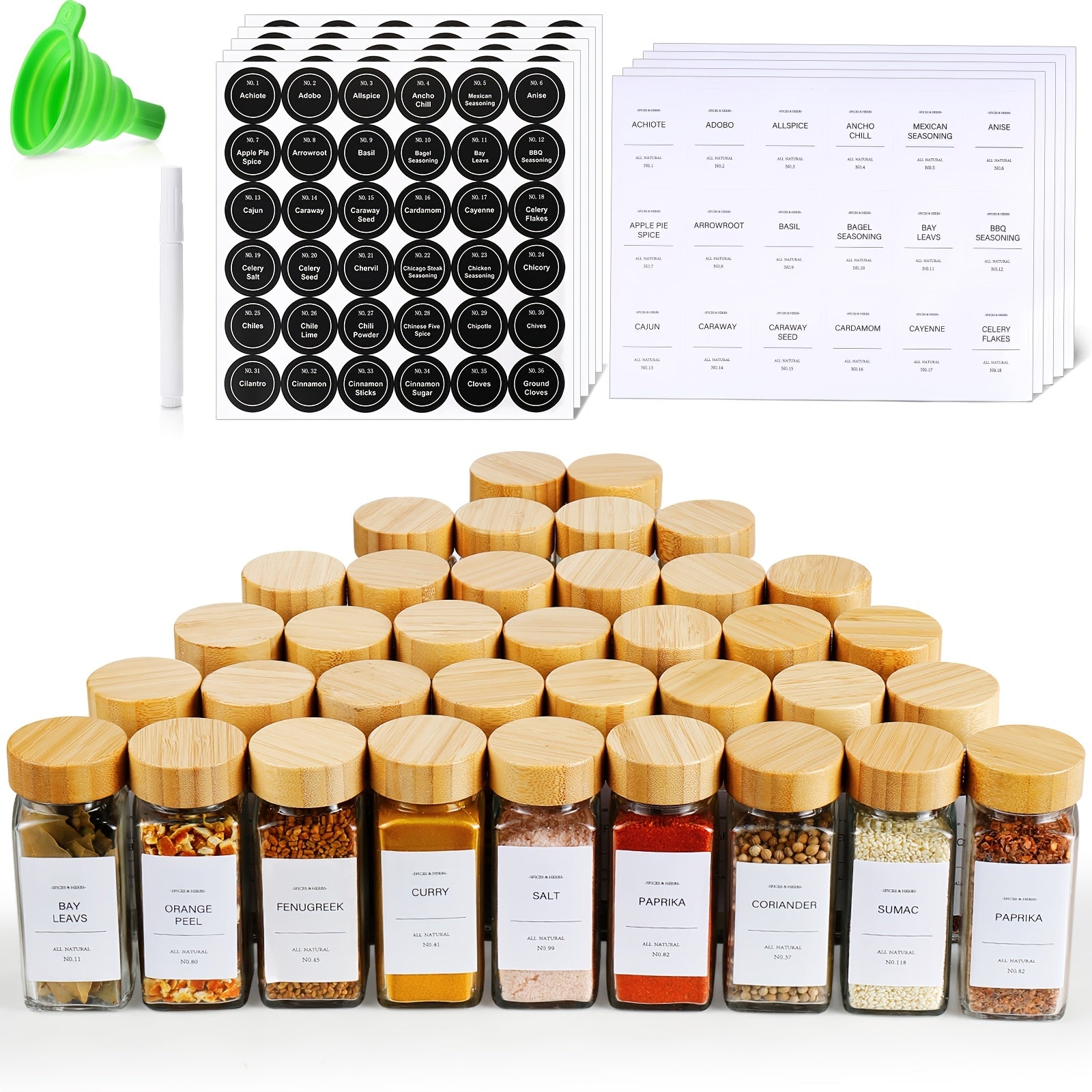 15/24/36pcs Glass Food Dispensing Jars - 4oz, with Bamboo Lids, Labeled Glass Jars with Collapsible Funnels, Spice Racks, Cupboards, And Drawers for Seasoning Dispensing Storage Bottles, Food Dispensers