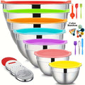 Salad Box A Set of 26 Stainless Steel Mixing Bowl Set with Lids 7 Stainless Steel Mixing Bowls - Includes Grater Attachment, Sealing Lids, Whisk & More, Non-Slip Silicone Base, Dishwasher Safe, Complete Kitchen Kit for Baking, Meal Prep, Holiday Cooking