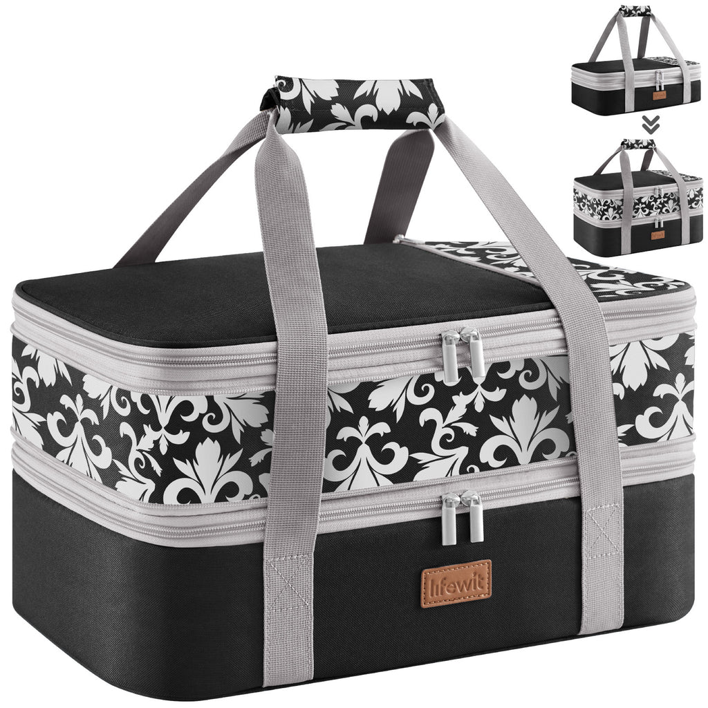 Expandable Insulated Casserole Carrier Suitable for Hot/Cold Food - Double Decker Tote with Rectangular PET Thermal Bag, Fits 9"x13" Baking Dish for Lasagna, Potlucks, Picnic, Christmas & Valentine's Gift for Cookouts, Parties