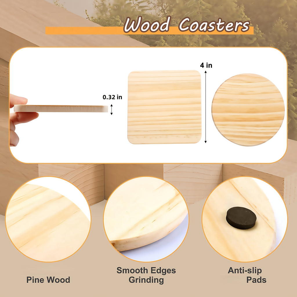 24/48/96pieces Unfinished Wood Coaster Blanks(4 Inch Square & Round) With Non-Slip Foam Stickers - DIY Craft Supplies For Painting, Engraving, Burning & Decor - Ideal Handmade Gifts & Home Decor For Christmas Halloween Easter, Mother'S Day Craft Gift