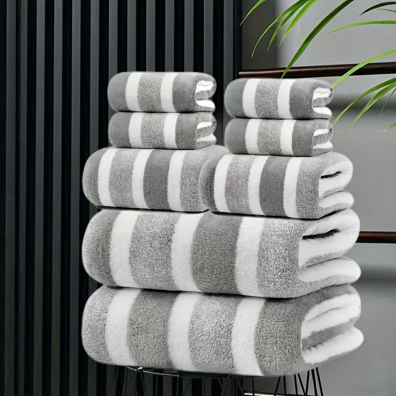 8pcs Lint-Free Super Absorbent Soft Five-Star Hotel Standard Two-Color Striped Spaced Bath Towel Set, Including 2 Large Bath Towels, 2 Medium Bath Towels And 4 Small Bath Towels