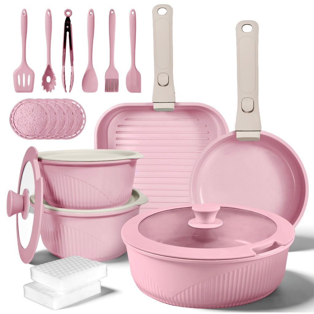 24pcs/7pcs/5pcs Cookware Set Non-Stick Pots & Pans Induction-Ready Kitchen Cookware Set Includes Skillet/Frying Pan/Soup Pot/Steak Pan Removable Handles Home & RV Kitchen Set Stackable Kitchen Accessories Easy To Clean Multiple Colors