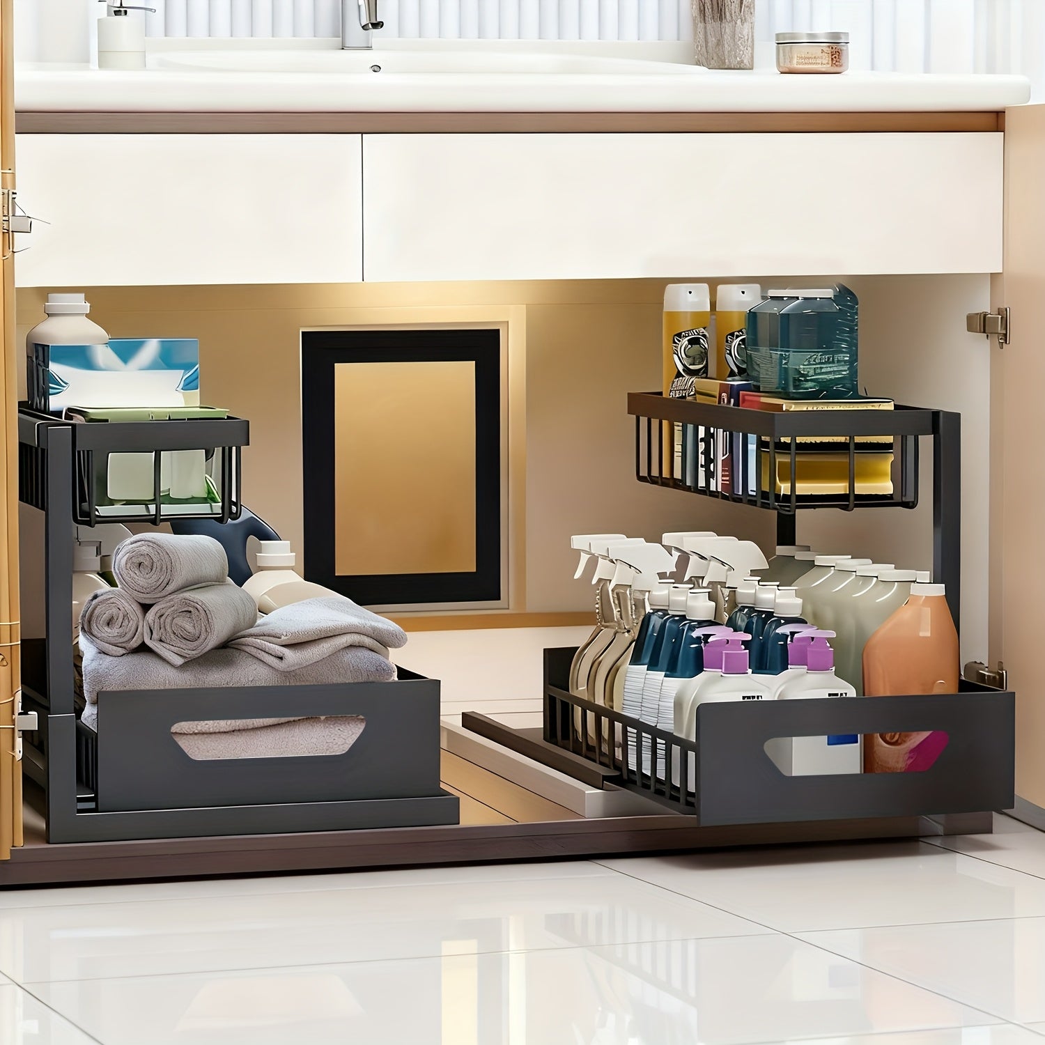1/2pcs 2-story kitchen sink storage containers，push-pull cabinet organizer, kitchen and bathroom organizers and storage, study, tabletop, metal sliding drawers, practical and convenient kitchen accessories essentials, kitchen organizers and storage.