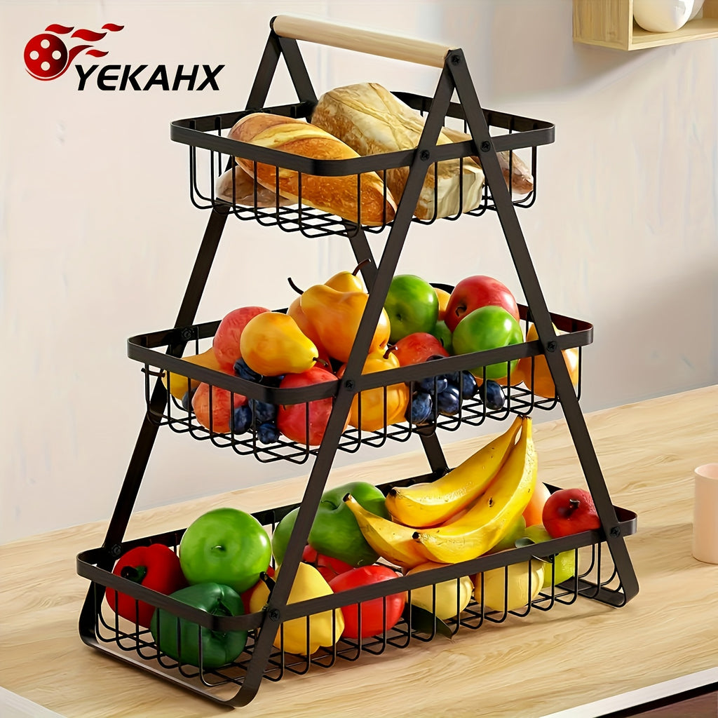 2/3 Tier Heavy-Duty Metal Wire Fruit Basket with Detachable Wooden Handle, Modern Multi-Layer Countertop Storage Rack, Rectangular Space-Saving Organizer for Kitchen Pantry & Dining Table, Hold Fruits, Vegetables, Bread & Snacks