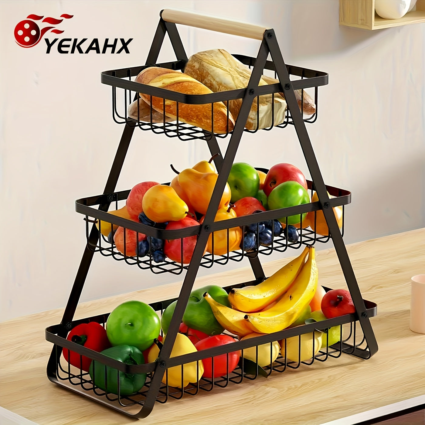 2/3 Tier Heavy-Duty Metal Wire Fruit Basket with Detachable Wooden Handle, Modern Multi-Layer Countertop Storage Rack, Rectangular Space-Saving Organizer for Kitchen Pantry & Dining Table, Hold Fruits, Vegetables, Bread & Snacks