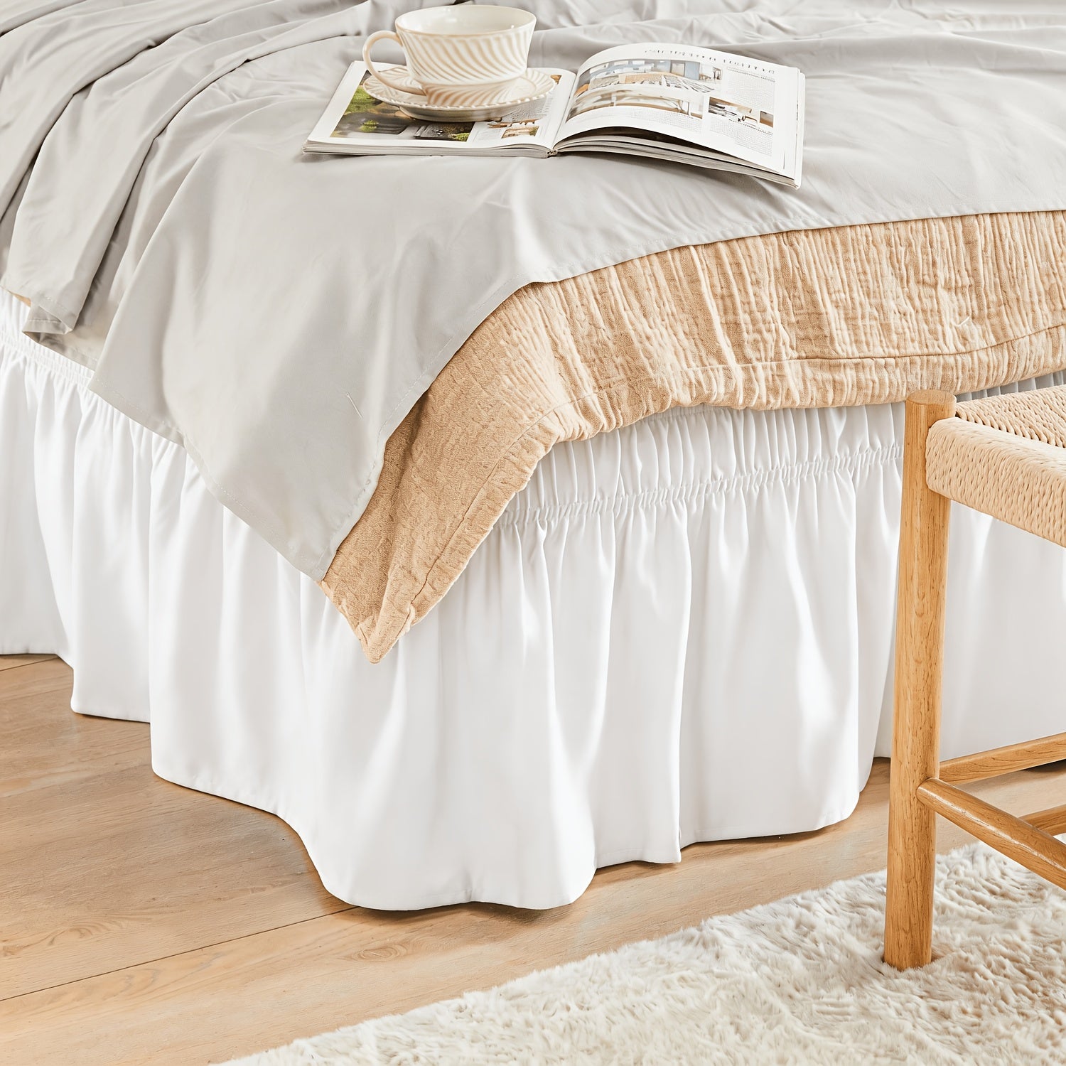 Leafy Sleep Elastic Bed Ruffle, Easy Wrap Around Ruffle, Microfiber Bed Skirt with Adjustable Elastic Belt 15 Inch Tailored Drop, Hotel Quality Bed Skirt, Fade Resistant, Easy Fit, Machine Washable
