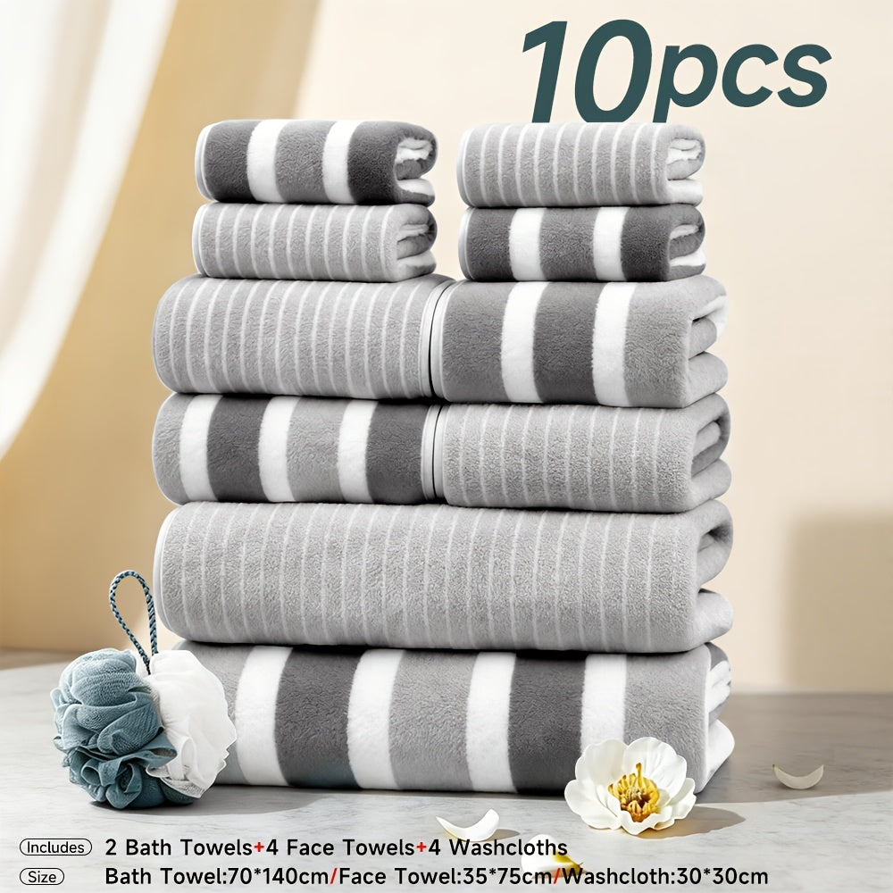 10pcs/3pcs/1pc Towel Set, No Hair Loss, Super Water Absorption,Ultra-Soft Microfiber Beach Towels for Adults, Super Soft Five-star Hotel Standard Two-color Striped Interval Bath Towel Combination(11.81x11.81inch, 13.78x29.53inch, 27.56x55.12inch)