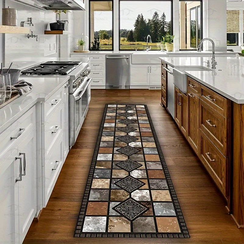 1pc Luxury Crystal Velvet Non-Slip Kitchen Pad-White, Beige And Brown Elegant Marble Pattern, Machine Washable Polyester Mat, Suitable for Kitchen, Bathroom, Bedroom And Corridor Decoration, Kitchen Carpet