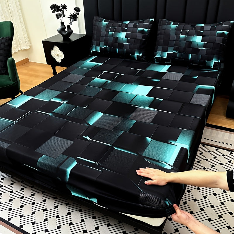 2D Flat 3pcs Cool Technology Digital Printing Material Plaid Fitted Sheet(1pc Bed Sheet+2pcs Pillowcase No Filling) Deep Pocket In 15 Inch, At Home Dormitory Suitable for All Seasons Mattress Protector