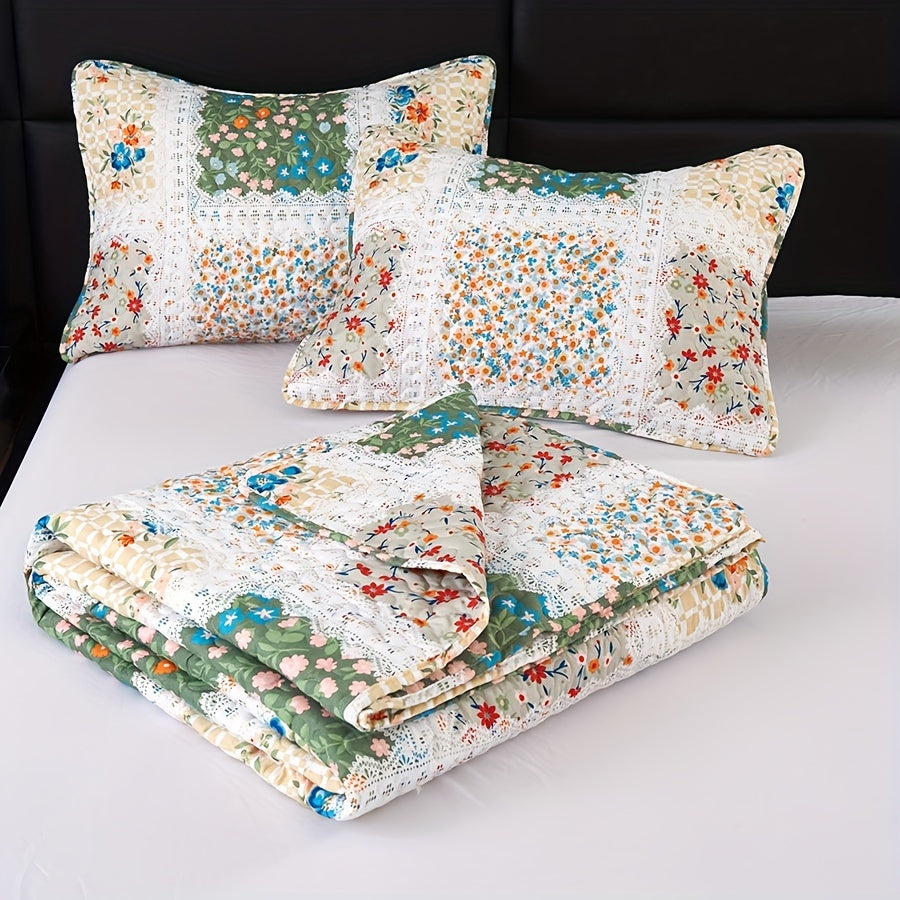 2/3pcs Quilt Set Queen King Twin Full Size Women Mother Valentine Day Gift, Lightweight Floral Patchwork Comforter Bedding Set, Quilted Bedspreads Bed Cover Boho Green Blue Pink Plaid, Soft Cozy Blanket Coverlet With Pillow Shams Spring Summer Autum