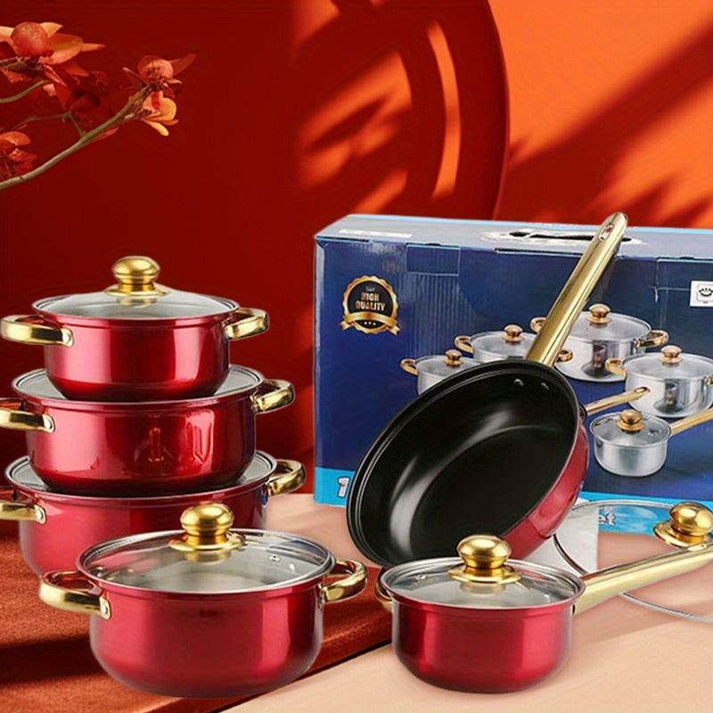 12pcs Red Pot Set, Thin-Gauge Stainless Steel, Non-Stick Pan, Kitchen Cookware Set, Non-Stick Cooking Set, A Variety of Pots to Meet All Kitchen Needs, The Most Beautiful And Practical Gift for Mothers