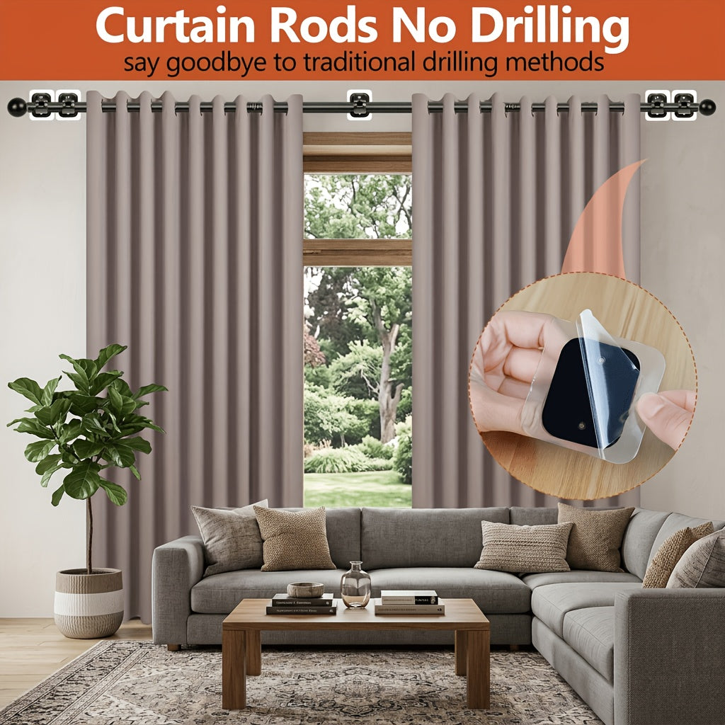 No Drill Curtain Rods Set for Windows 32 to 48 Inch, 5/8 Inch Diameter Metal Drapey Pole with Adhesive Holder Hook - Renter Friendly (Black, Contemporary Style)