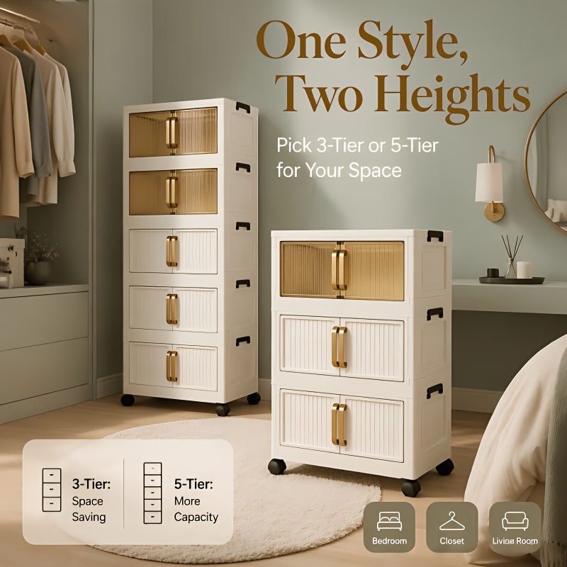 Large Capacity 19-inch Wide Multi-functional 3/5-layer Folding Storage Organizer with Wheels - Magnetic Double Door Design Suitable for Kitchen Storage Of Clothes,, Books, Etc. - Perfect Storage for Living Room, Bedroom, And Office - Storage Box