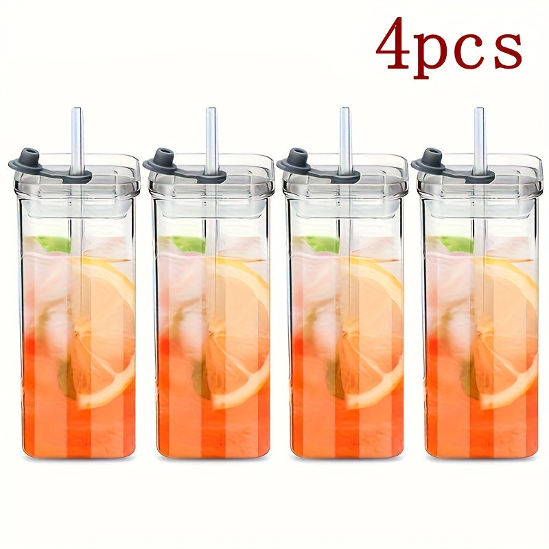 4/6 Packs High Borosilicate Glass Water Cup with Lid & Straw - Square Korean Style, Transparent, Flat Bottom, Multipurpose for Coffee, Juice, Hand Wash Only, Leak Proof, BPA Free, Valentine's Day Theme
