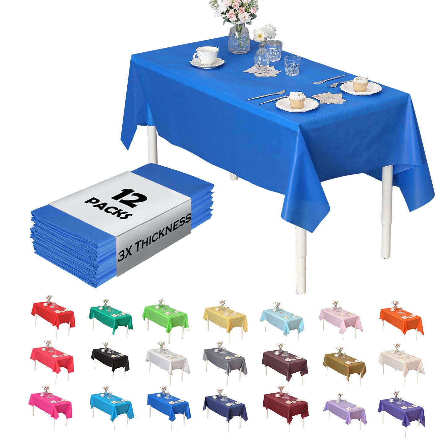 Heavy Duty Premium 12pcs Plastic Tablecloth, Disposable Tablecloth, Plastic Table Cover for Kitchen, Dinning Uses.