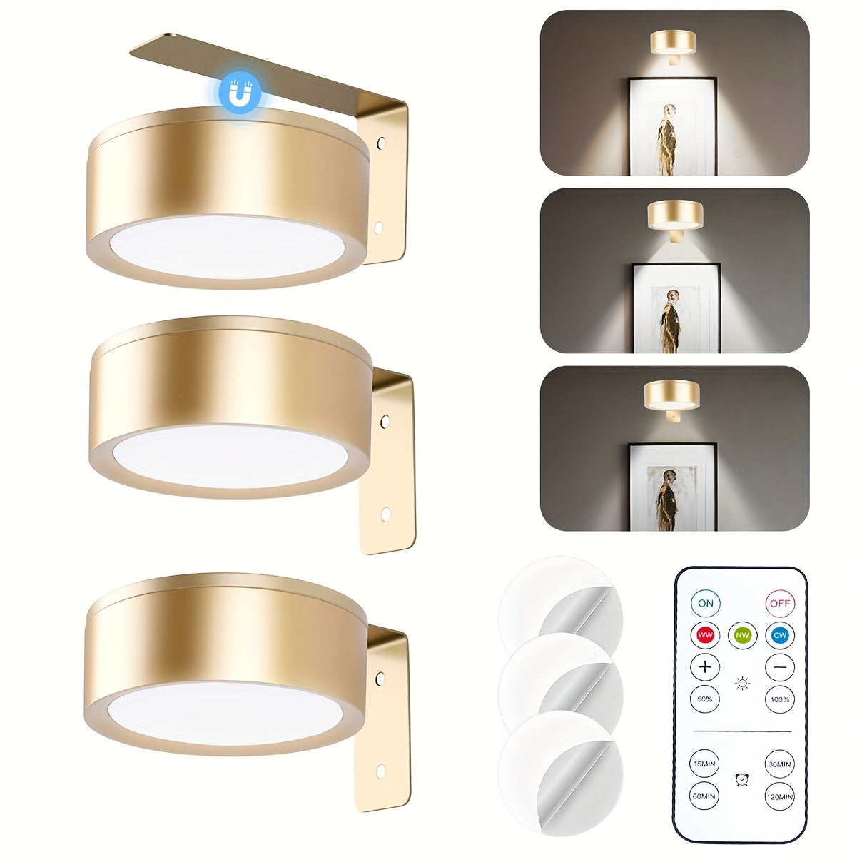 3/6pcs Battery- Magnetic Picture Lights with Remote, Dimmable Timer & 3 Lighting Modes Suitable for Picture Frame Paintings, Wireless Wall-Mounted Puck Lights for Art Display, Plug-and-Play for Gallery Decor (No Wiring)