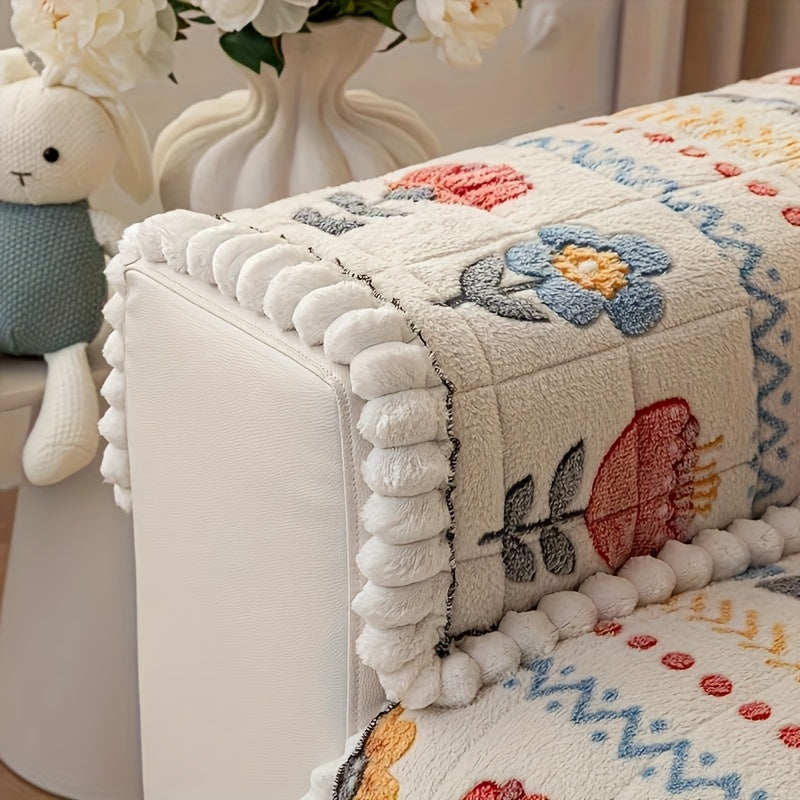 Bohemian Floral Plush Sofa Cover - Thick Milk Fleece Couch Protector for 1-4 Seater, Machine Washable Quilted Bohemian Floral Pattern with Decorative Pillow Covers, Warm & Cozy Sofa Cover for Living Room, Living Room Decor | Vibrant Sofa Accessory | Ruffl