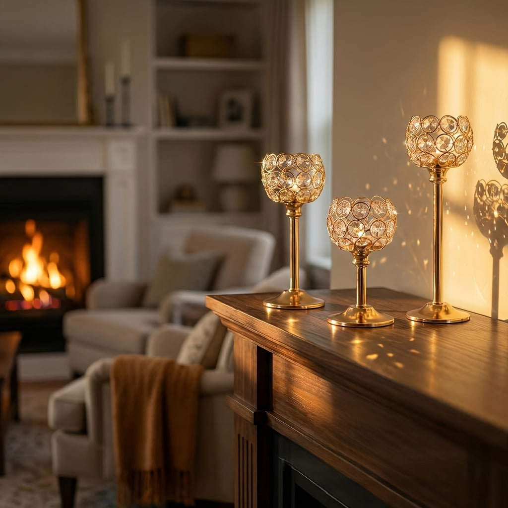 3pcs Crystal Candle Holder, Tabletop Polished Finish, Windproof Candle Holders for Home Decoration, Wedding Anniversary, Christmas Halloween Dinner Props, Birthday Gift, Family Theme Table Centerpiece