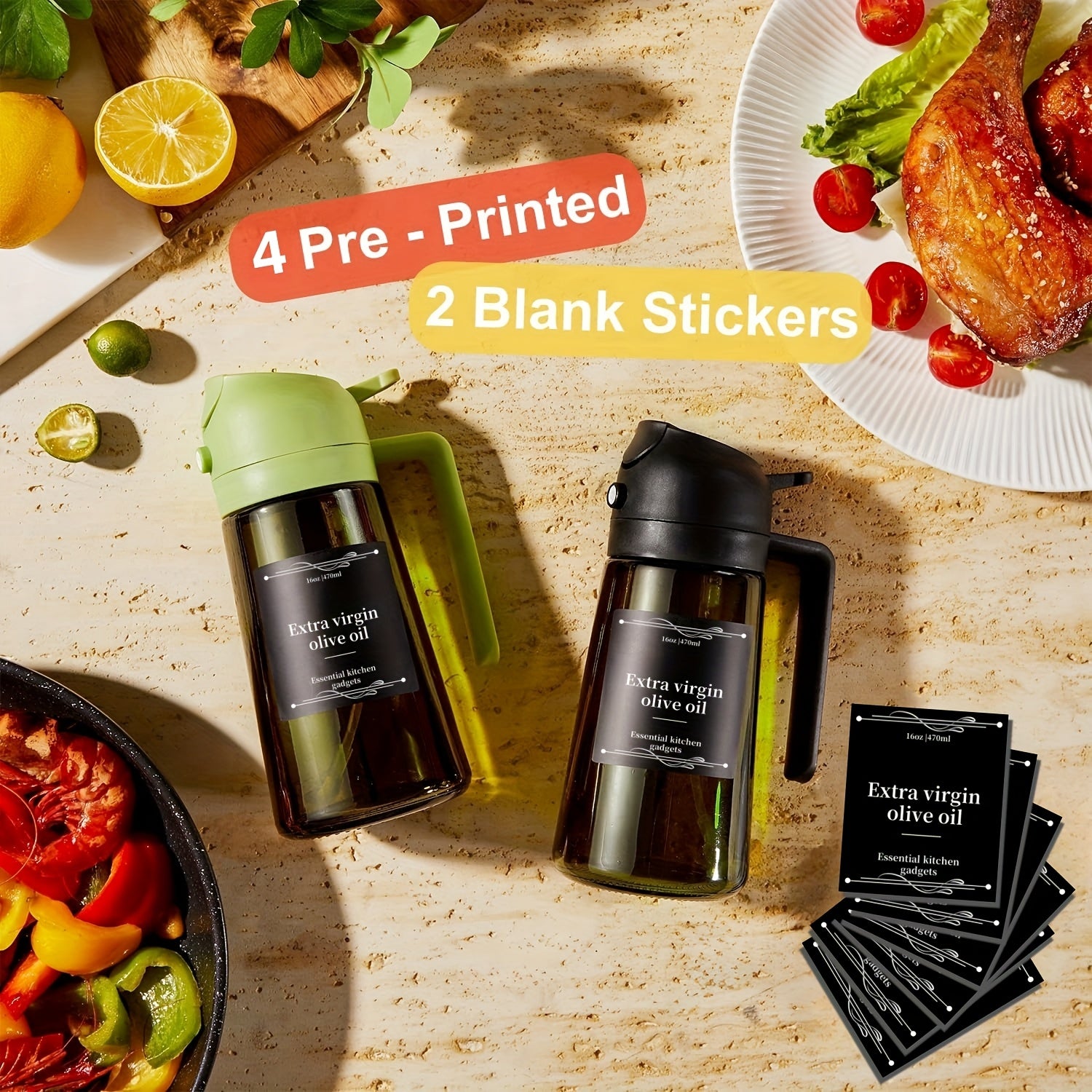 2pcs Kitchen Glass Olive Oil Dispenser Bottle, 2-In-1 Oil Bottle And Cooking Sprayer, 16Oz Premium Dark Green Glass Oil Bottle, Oil Sprayer for Cooking, Oil Dispenser for Kitchen with 6pcs Stickers, The Perfect Cooking Gadget for BBQ, Rvs, And Salad