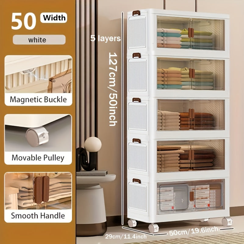 1/2/3/4/5 Layers Collapsible Lockers, Plastic Clutter Storage Boxes with Doors And Wheels, Stackable Large Capacity Home Organization for Bedrooms, Living Rooms Kitchens, Easy to Assemble And Space Saving Design Home Storage And Sorting Box