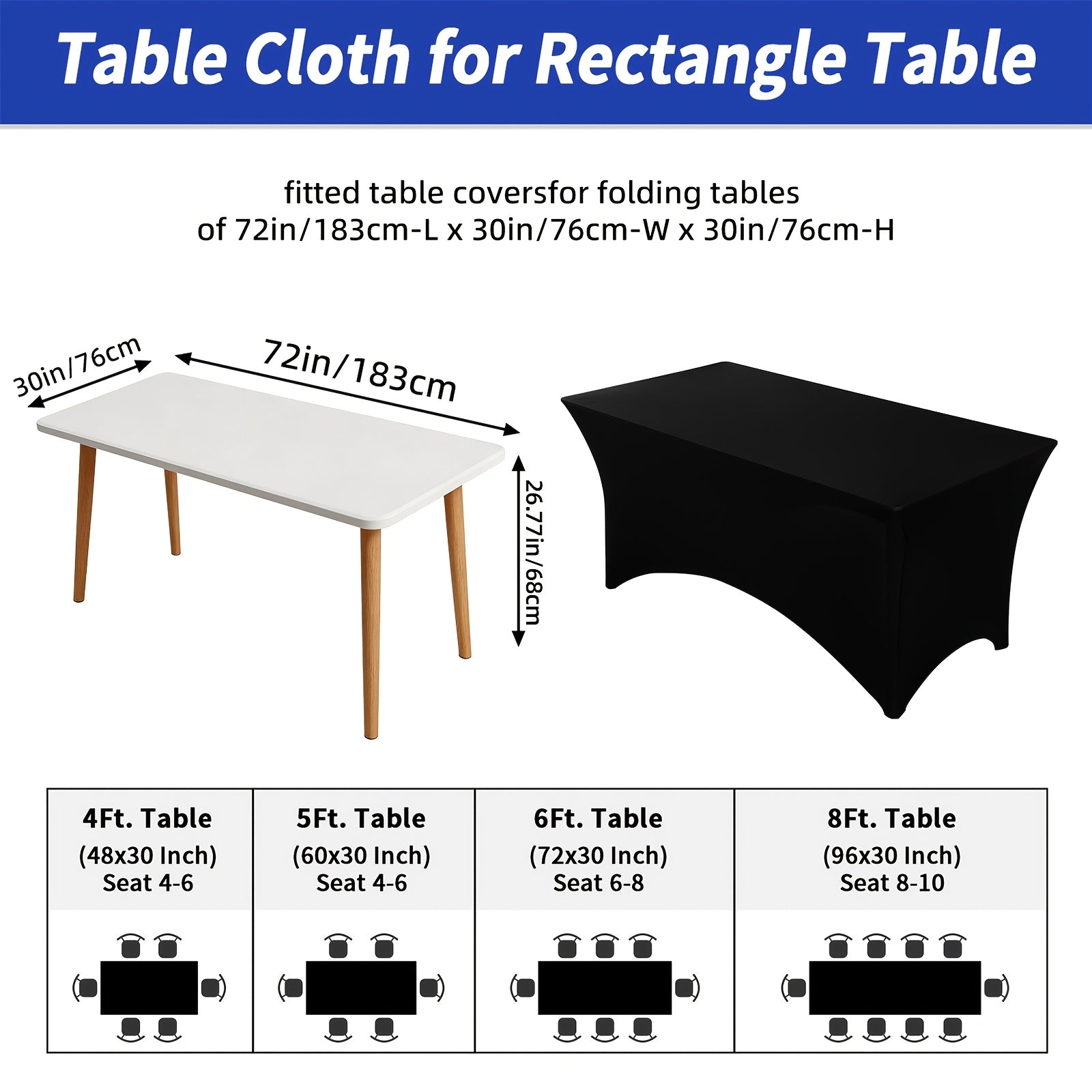 TOMNK 2pcs/3pcs Stretch Spandex Tablecloth, Rectangular, 4ft/6ft/8ft, Black/White, Wrinkle-Resistant Material, Suitable for Wedding Banquets, Trade Shows, Bridal Showers, Graduation Parties, Mother's Day Decorations, and Other Occasions