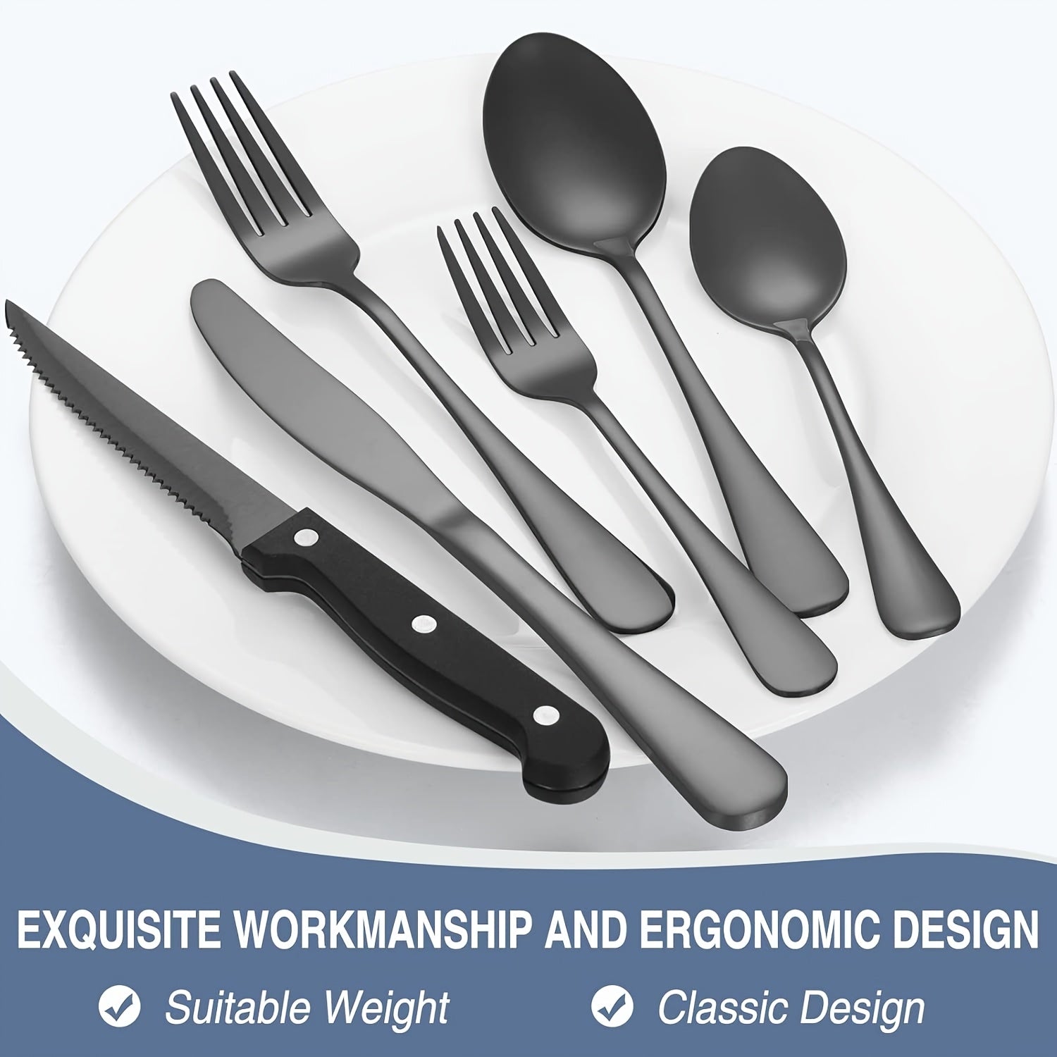 48pcs Silverware Set with Steak Knives, Christmas Stainless Steel Flatware Cutlery Set, Eating Utensils for 8, Spoons Forks Knives for Home Kitchen, Simple Design & Mirror Finish, Dishwasher Safe(Silvery, Black)