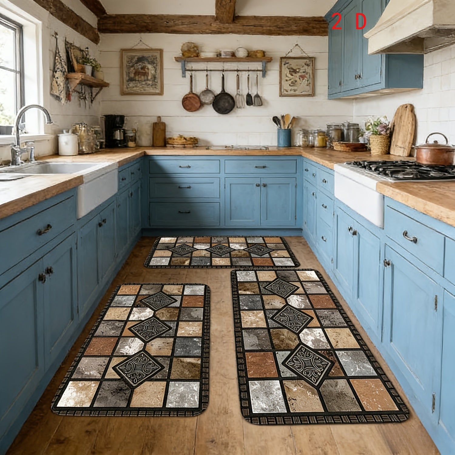 2D 3pcs Kitchen Mat Set, Classic Geometric Stone Mat, Retro Rural Style Mat, Farmhouse Kitchen Decoration, Soft And Comfortable, Suitable for Bedroom, Living Room, Dining Room, Kitchen, Bathroom, Gift for Friend, Kitchen Accessorie, Halloween