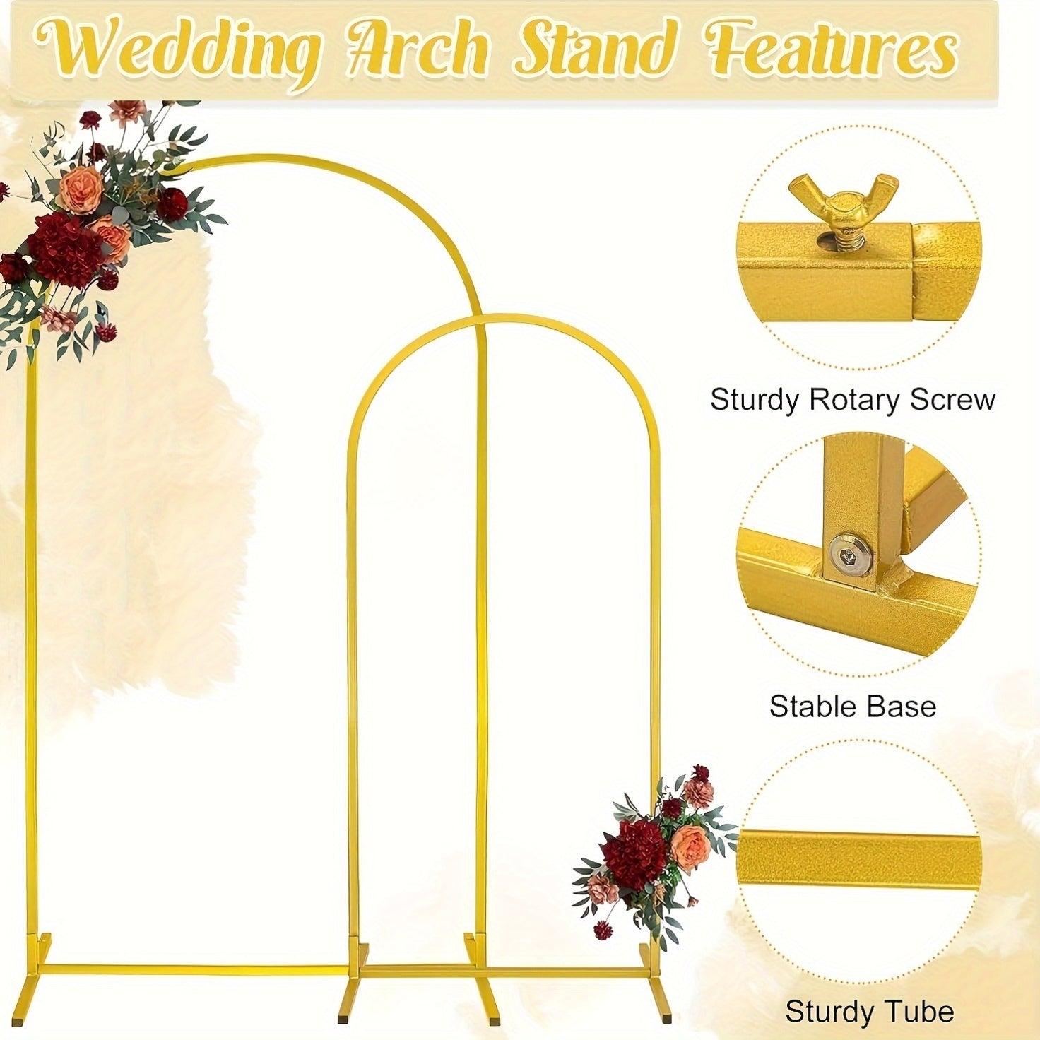2pcs Heavy Duty Metal Wedding Arch Backdrop Set (7.2Ft And 6Ft) - Sturdy Frame with Golden Powder Coating, Easy to Assemble Balloon Flower Arch for Weddings, Birthdays, Eid And Ramadan Decorations - Indoor/Outdoor Party Decor, No Batteries