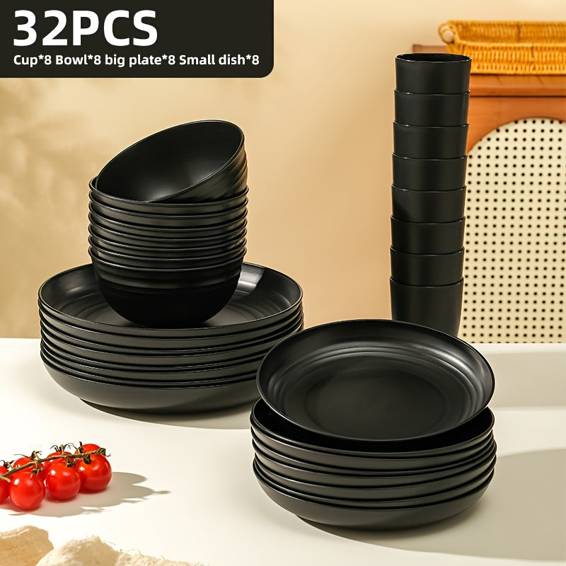 Brczuo 16/32pcs Kitchen Plastic Wheat Straw Tableware Set, 4/8 People, Plates, Dessert Plates, Cereal Bowls, Cups, Unbreakable Black Plastic Outdoor Camping Tableware, Kitchen Accessories, Black Wheat Straw Tableware, Halloween, Weddings
