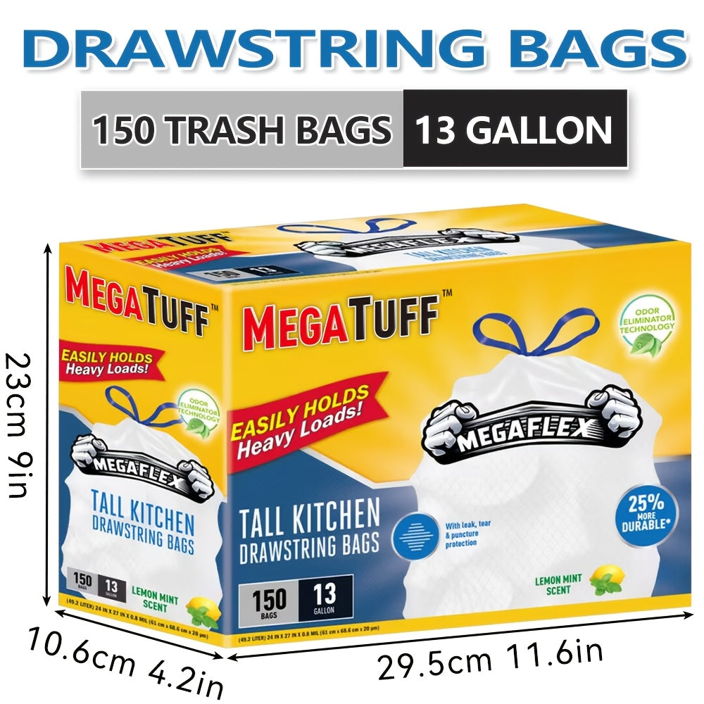 150/78/33 Bags 13 Gallon Capacity Trash Bags, Boxed Disposable Non Tear Garbage Bag Puncture Tear Resistant, ODOR ELIMINATORTECHNOLOGY Kitchen Drawstring Garbage Bags Fresh Clean Scent with Lemon Mint Scent, EASY to USEDRAWSTRINGS MORE DURABLE