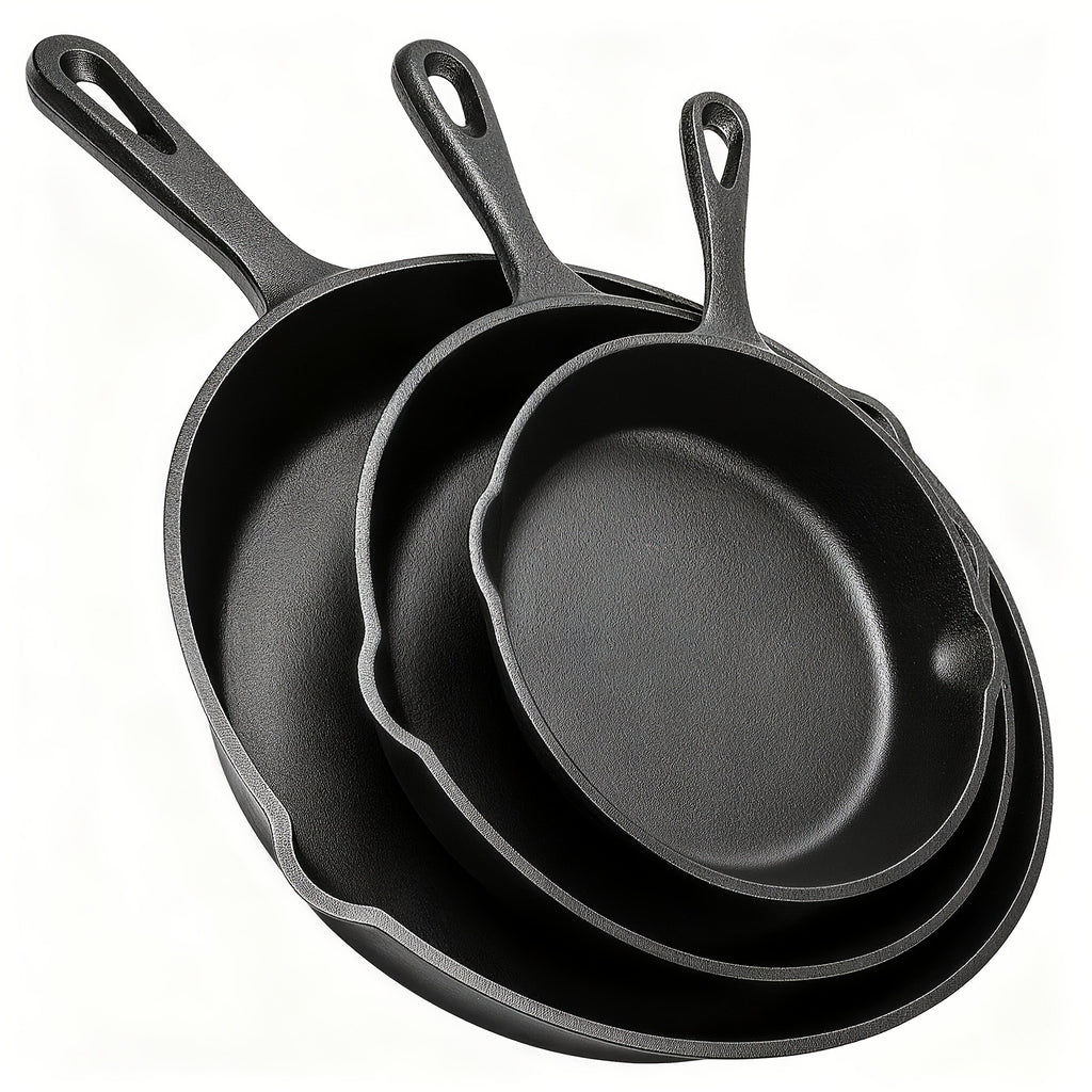 3pcs Bare Cast Iron Skillet Set (6/8/10 Inch) - Heavy-Duty Heirloom-Grade Sand Casting, Seasoning, Stir-fries, Non-Stick Surface & Oven/Grill/Campfire Safe - Even Heat Distribution For Steak, Cornbread, Baking - Rustic Kitchen Cookware Essentials