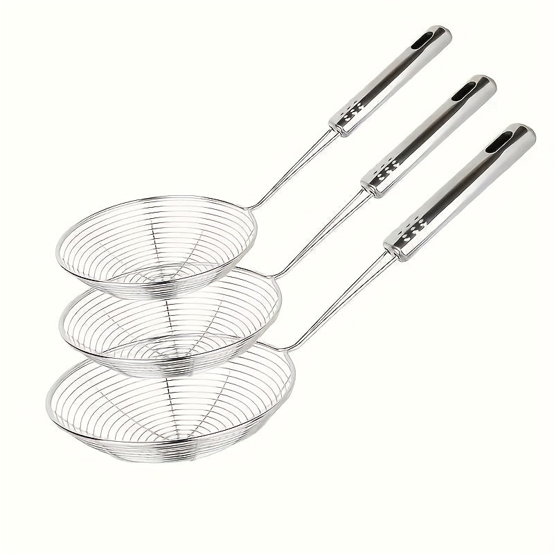 Set of 3 Stainless Steel Spider Strainers, Sturdy Metal Skimmers Featuring Long Handles, Safe for Food Use, Ideal for Frying And Pasta, Equipped with Hanging Loops, Measuring 12.01inch, 12.6inch, And 13.78inch, Perfect Kitchen Utensils