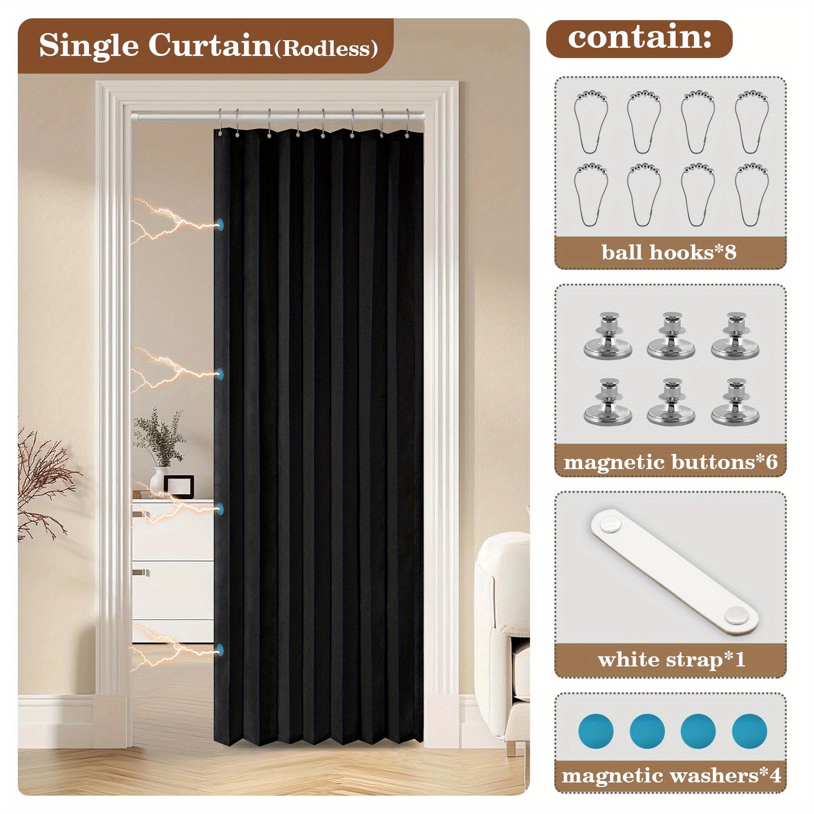 1pc Foldable Door Curtain, No-Rods Partition Privacy Waterproof, with Hook Attachment And Binding, All Season Available Bathroom
