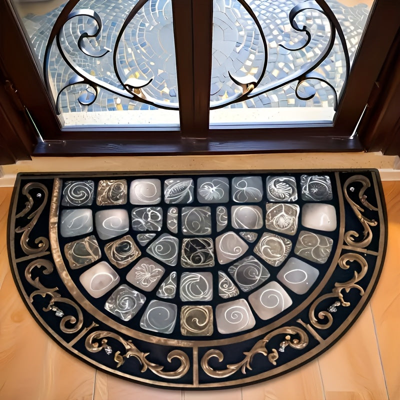 Semicircular Elegant Welcome Doormat - Non-slip floral geometric pattern, lightweight and durable polyester fiber door mat, suitable for home, bathroom, and kitchen front door decoration.