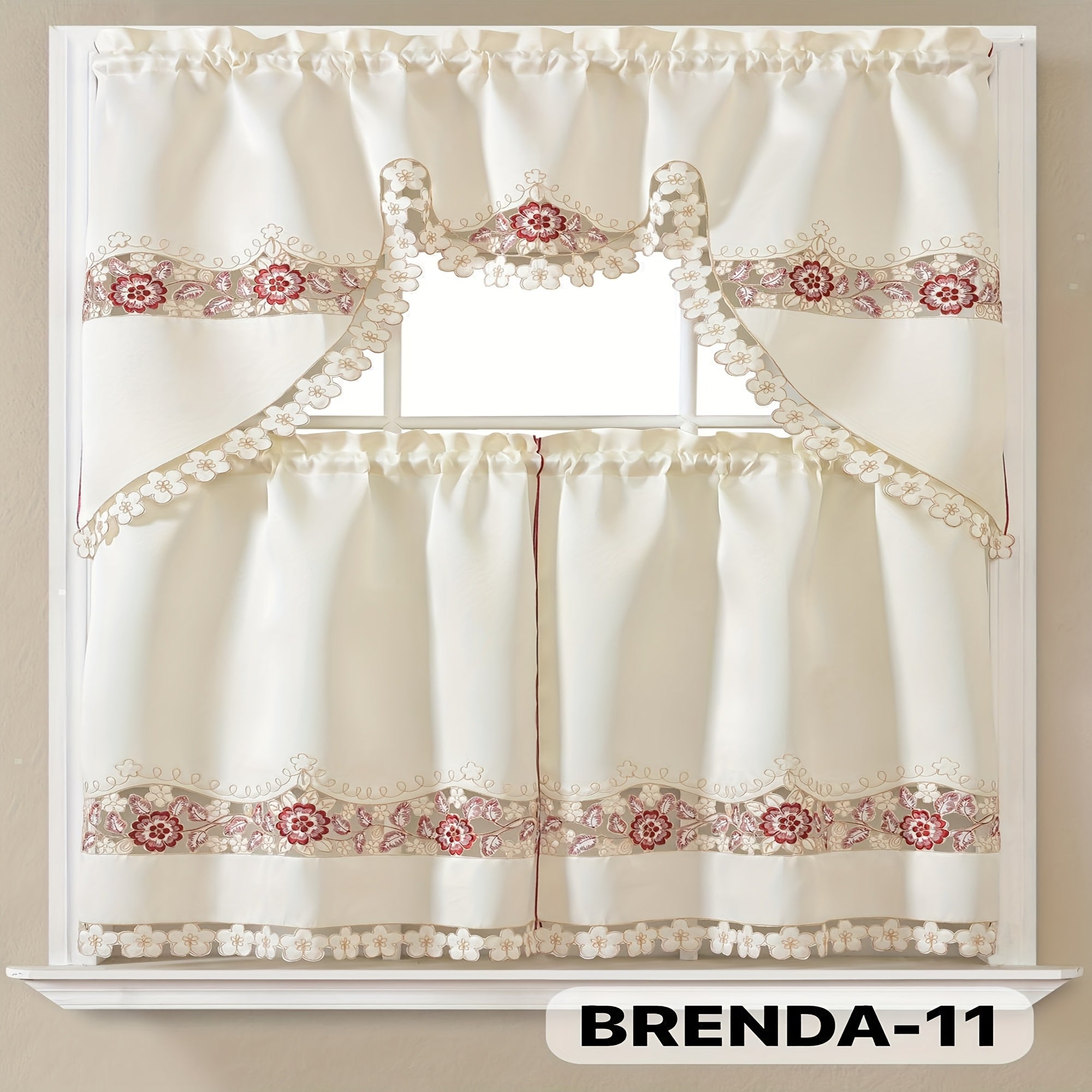 3pcs Embroidery Kitchen Curtains Set Flowers Embroidery Satin Fabric Faux Lightweight Soft Easy Care Machine Washable 49 Design Styles Available Holiday Gifts for Family Local Warehouse All Season Use Summer