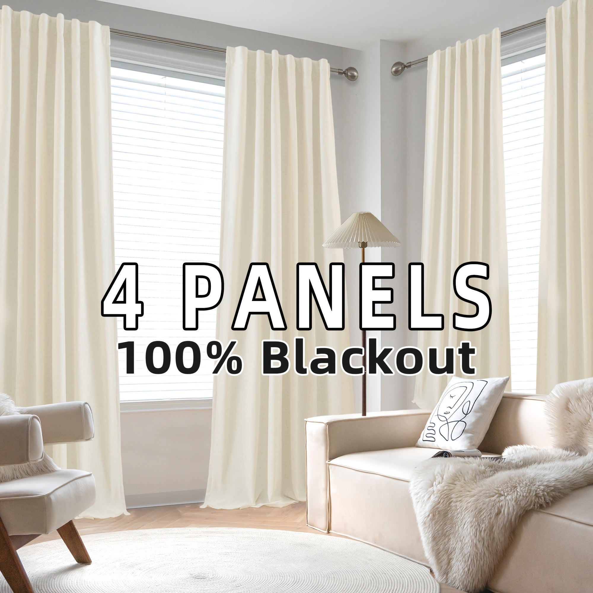 4 Panels 100% Blackout Linen Curtains for Bedroom Farmhouse Thermal Insulated Rod Pocket Back Tab Full Light Blocking for Living Room