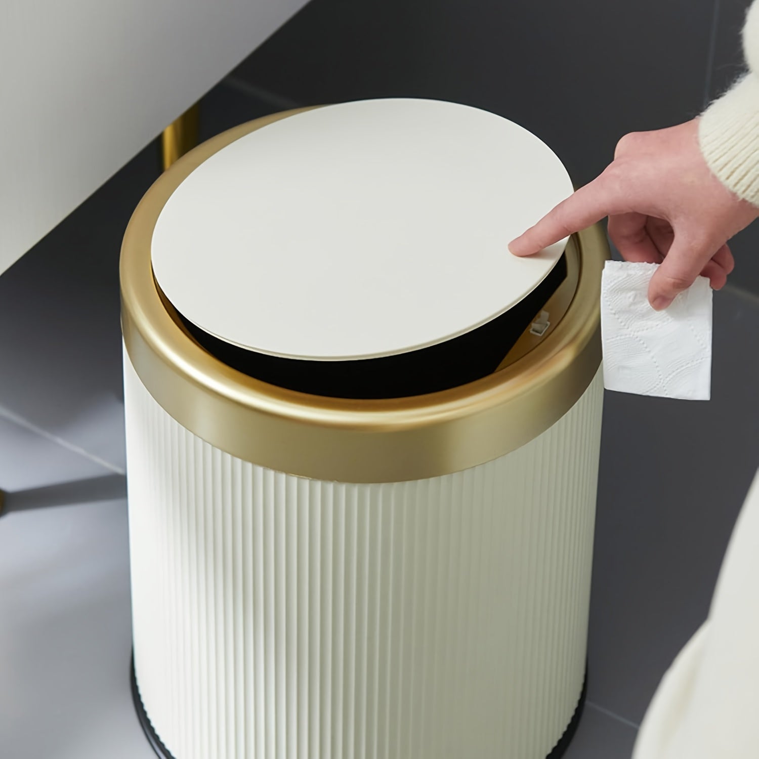 1pc 4.23gal/3.17gal Luxury Large Capacity Push-Lid Trash Can, Dual Inner Buckets, Odor-Sealing Oval Garbage Bin, Modern Plastic Waste Container for Kitchen, Bedroom, Living Room, Bathroom, Christmas Gifts, Halloween Gifts