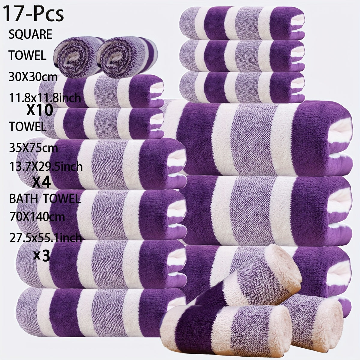 17pcs Luxury Bath Towels Set - Quick-Dry Highly Absorbent Plush Soft Coral Fleece-like Texture, Multi-Size Family Bathroom Towels with Hanging Loops (11.81x11.81inch, 27.56x55.12inch) for Home, Hotel & Spa - Navy & Striped Design, Durable & Space-Saving S