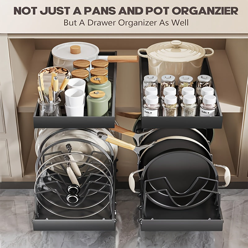 Pull Out Pot Lids Organizer Rack, 2pcs Pots And Pans Organizer for Under Cabinet, Pot Lid Holder with 8 Adjustable Compartment for Kitchen Cabinet Cookware Baking
