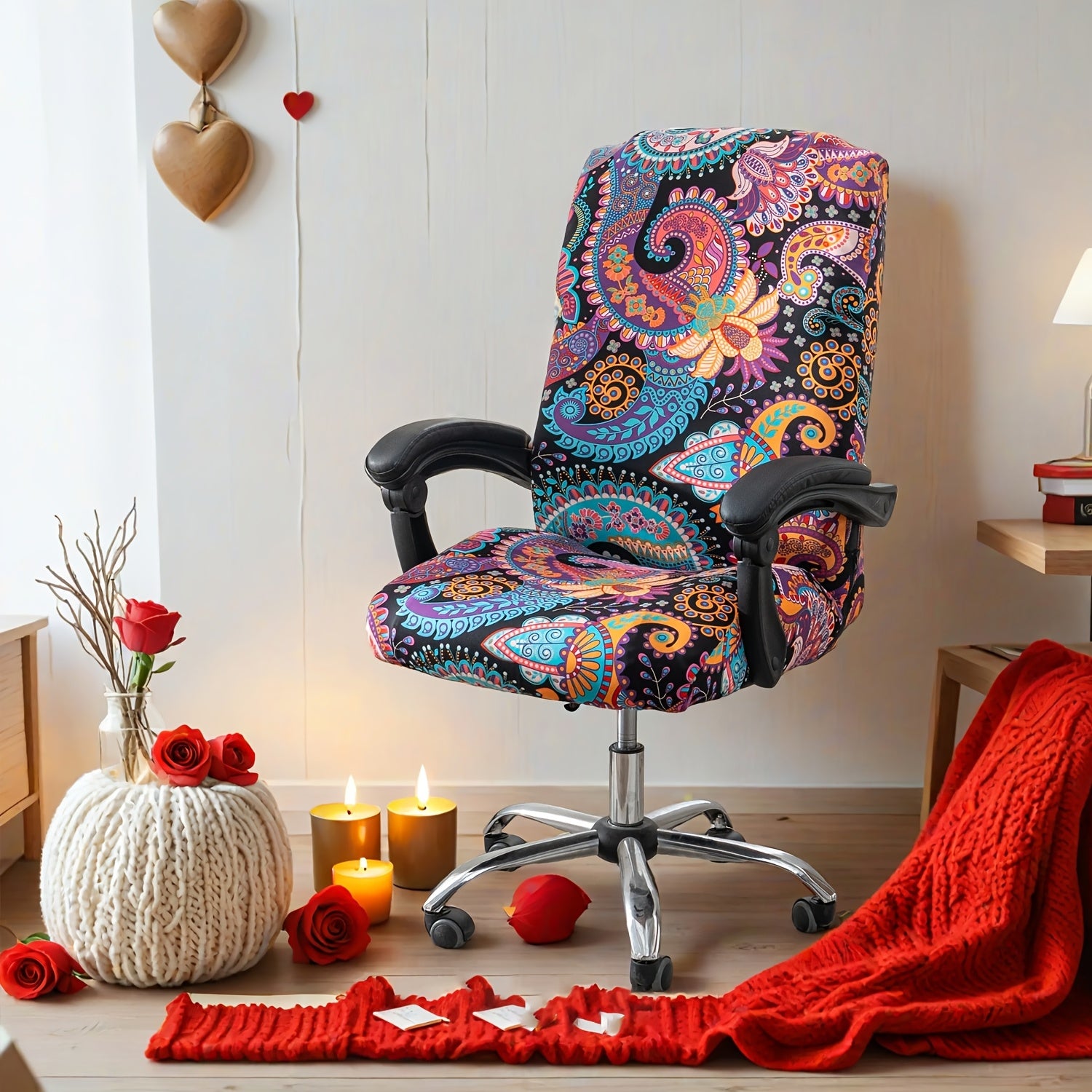 1pc Stretch Printed Computer Office Chair Covers, Soft Fit Universal Desk Rotating Chair Slipcovers, Removable Washable Anti-Dust Spandex Chair Protector Cover With Zipper, Valentine'S Day Gift, Valentine'S Day Decorations