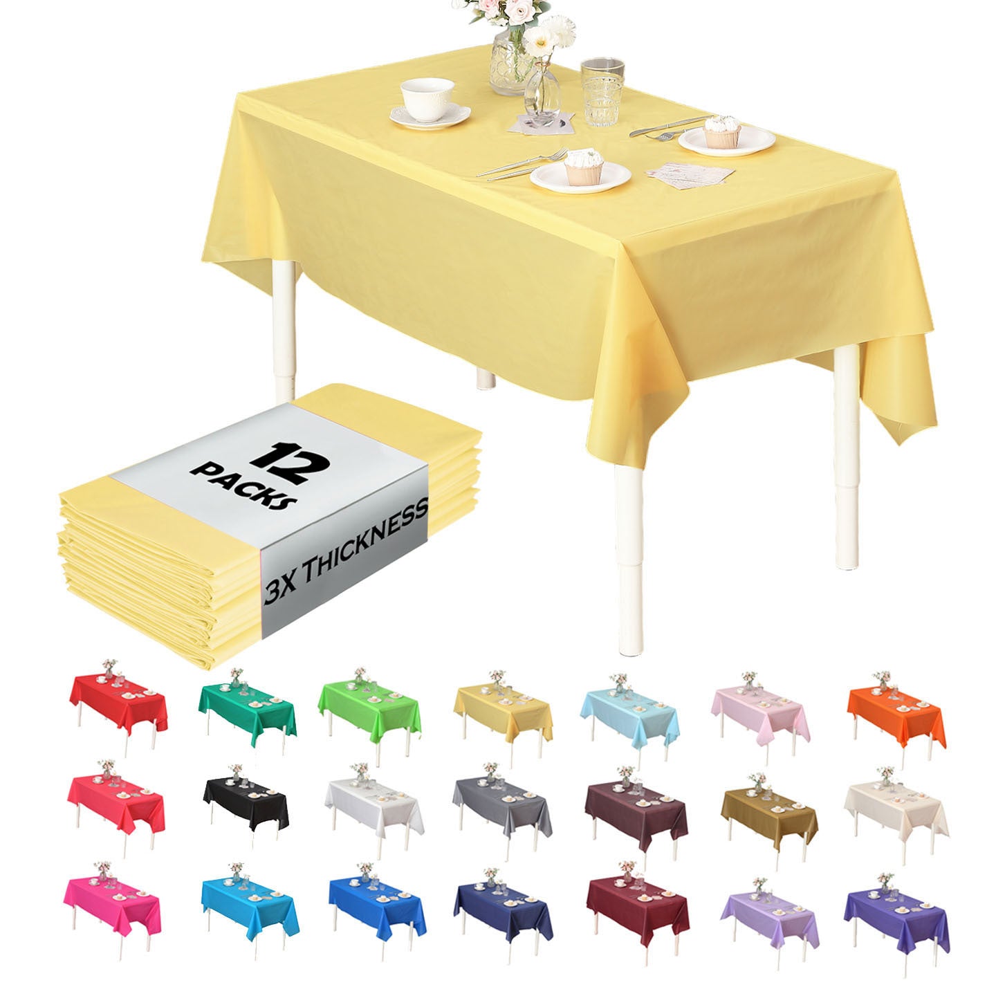 Heavy Duty Premium 12pcs Plastic Tablecloth, Disposable Tablecloth, Plastic Table Cover for Kitchen, Dinning Uses.