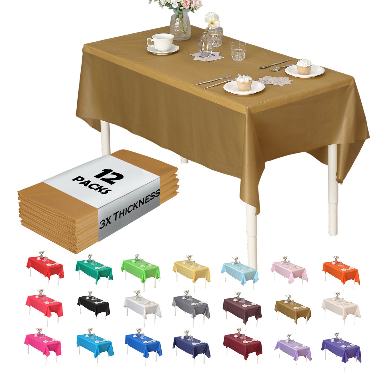 Heavy Duty Premium 12pcs Plastic Tablecloth, Disposable Tablecloth, Plastic Table Cover for Kitchen, Dinning Uses.