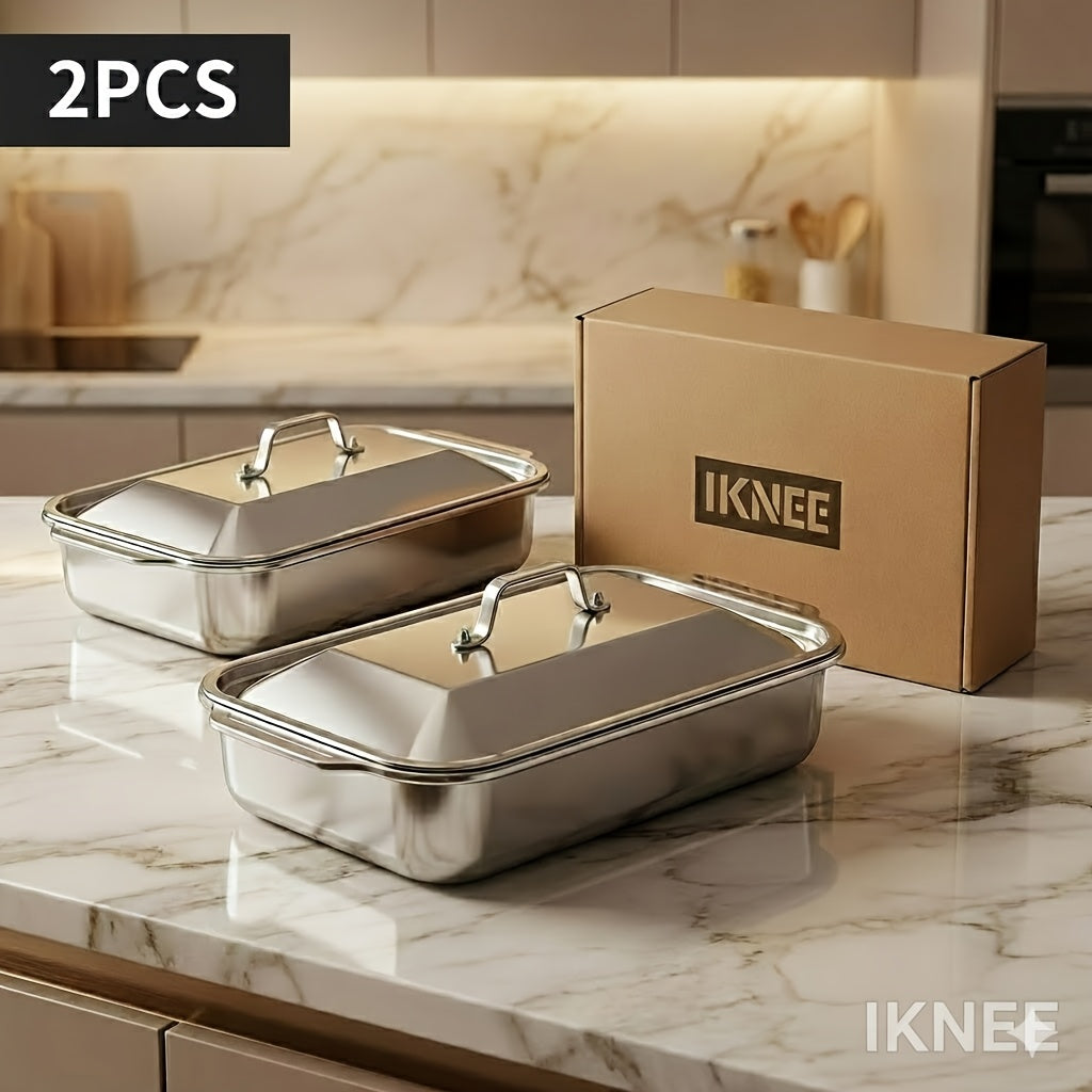 4-piece Set: 2 Deep Pans and 2 Lidded Pans with Handles, Stainless Steel Rectangular Baking Pans with Steel Lids - 6-liter Large Capacity, 16.14-inch Deep Baking Pan, Fish Pan, Roasting Pan, Lasagna Pan, Chicken, Dishwasher Safe, Gift for Men