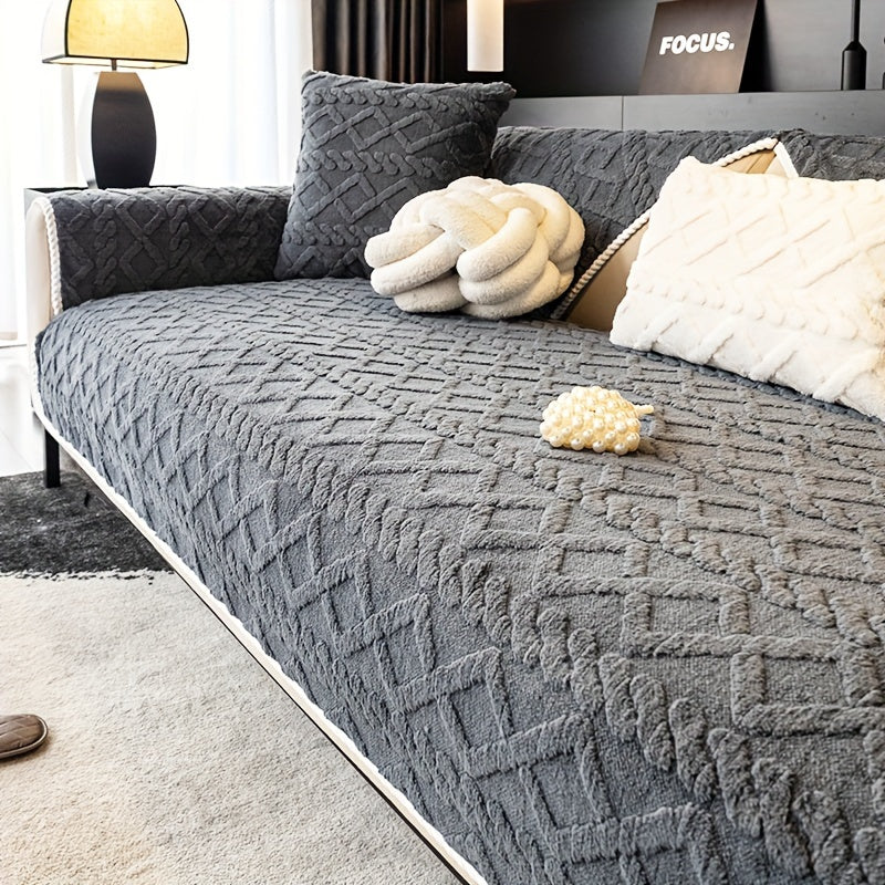 1pc Plush Sofa Mat, Polyester Shu Velveteen Jacquard Knit Fabric Couch Cover, 200-250 g/㎡, Separate Seating Modern Style, Machine Washable Anti-Slip Protection, for Bedroom Office Living Room Home Decoration